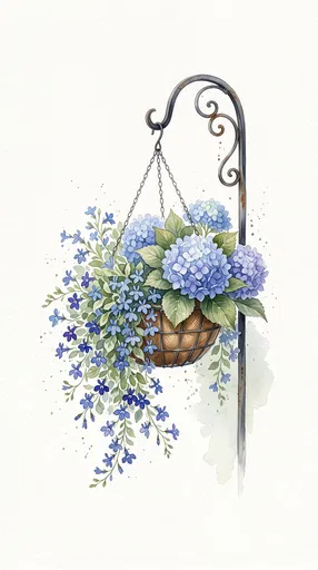 Watercolor Hanging Basket with Blue Flowers