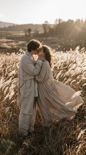 Couple Kissing in Sunlit Grass Field