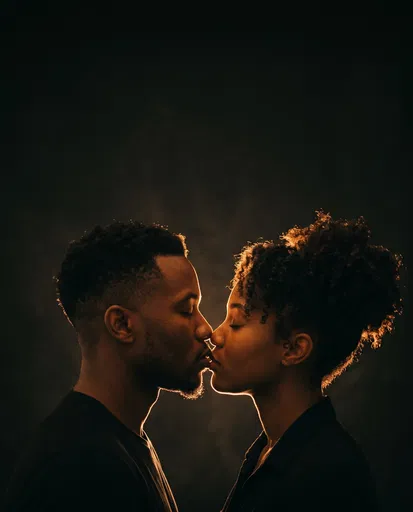 Black Couple Kissing in Warm Rim Light