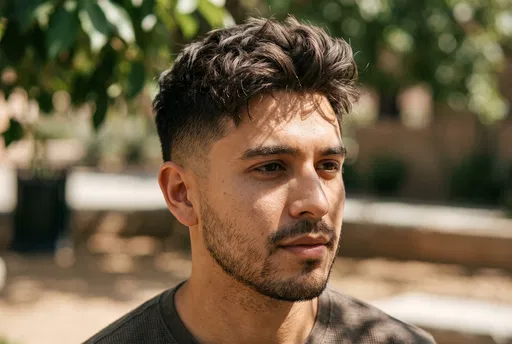 Young Man With Textured Quiff Hairstyle Outdoors