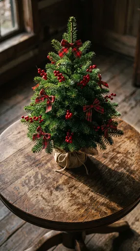 Miniature Christmas Tree on Rustic Wooden Table