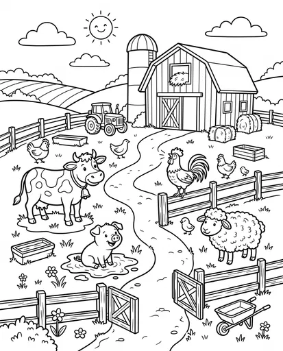 Barnyard Animals Coloring Page Illustration