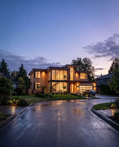 Contemporary Glass and Cedar House at Twilight