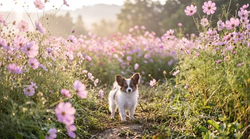 Papillon Puppy in Cosmos Meadow