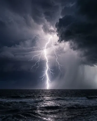 Dramatic Lightning Strike Over Dark Ocean