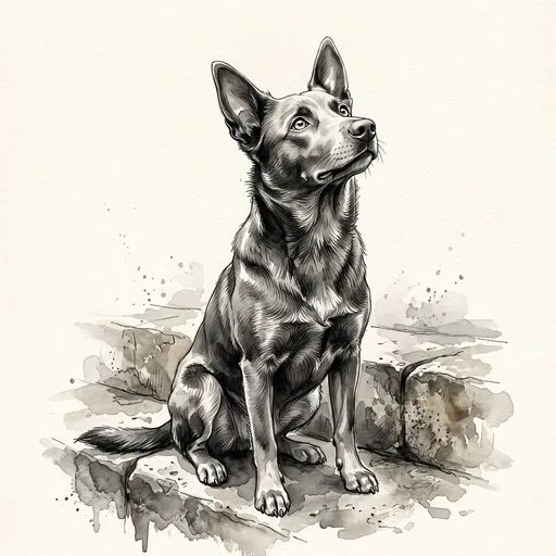 Monochrome Watercolor Illustration of Australian Kelpie