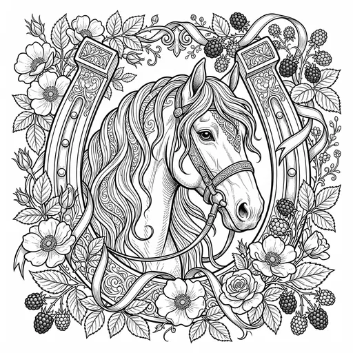 Ornate Horse and Horseshoe Coloring Page