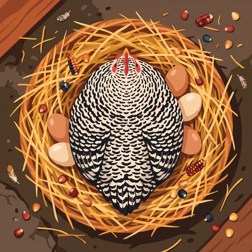 Overhead Barred Rock Hen in Nest Illustration