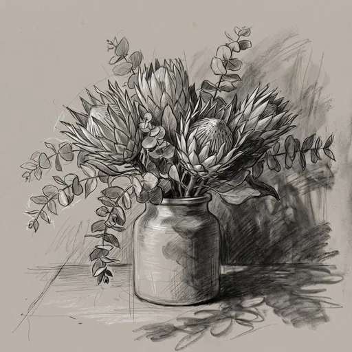Charcoal Sketch of Protea and Eucalyptus