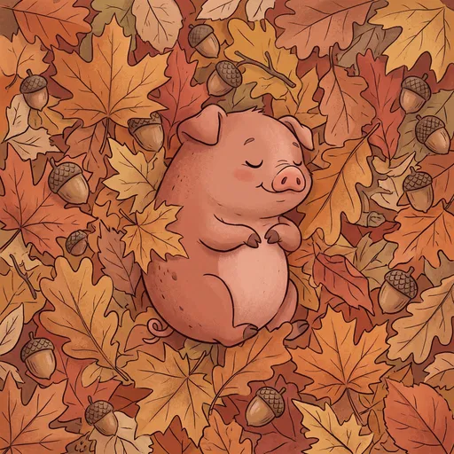 Cartoon Piglet Napping in Autumn Leaves
