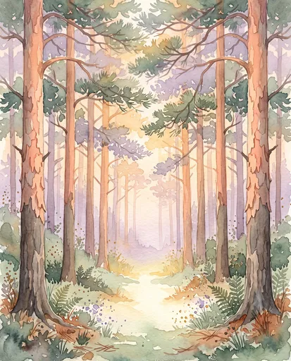 Watercolor Scots Pine Forest Clearing