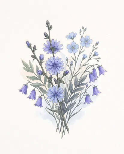 Blue Wildflower Botanical Bouquet Illustration