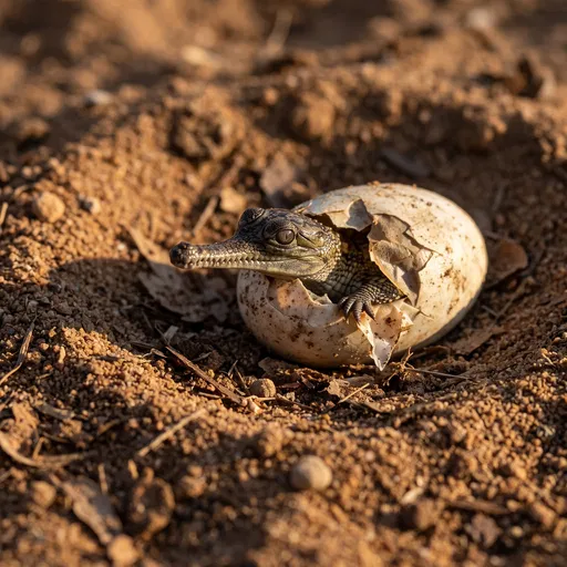 Hatchling Gharial Emerging From Cracked Egg