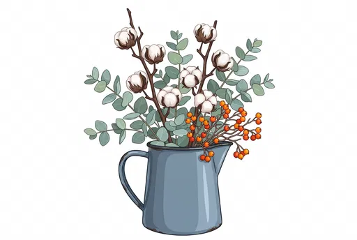 Blue Pitcher With Cotton And Eucalyptus Clipart