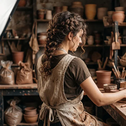 Ceramicist With Braided Hair in Studio