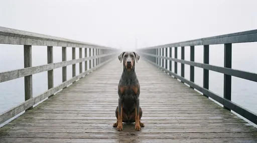 Blue Doberman Sitting on Foggy Pier