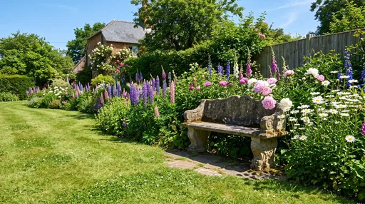 Stone Bench in English Cottage Garden