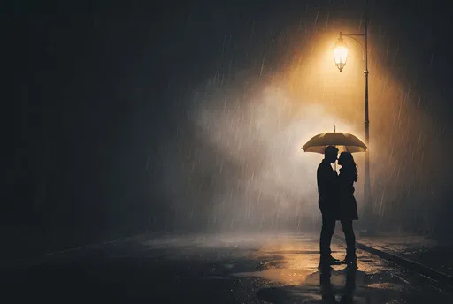 Couple Silhouette Under Umbrella in Rain
