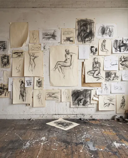 Charcoal Sketches Pinned on Studio Wall