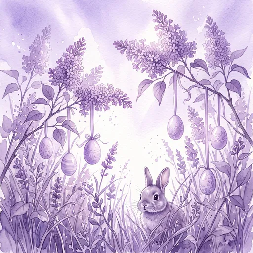 Lavender Watercolor Easter Bunny and Lilacs