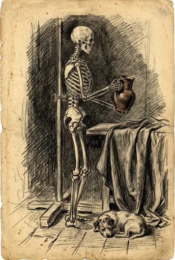 Charcoal Study of Skeleton and Terrier