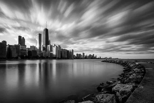 Monochrome Chicago Skyline Long Exposure