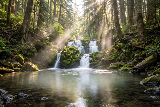 Sunlit Forest Waterfall and Calm Pool
