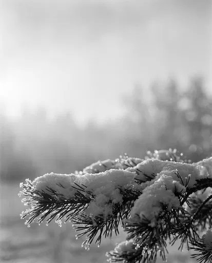 Monochrome Snow Covered Pine Branch