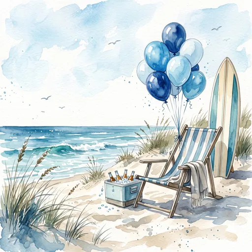 Watercolor Beach Birthday Scene with Balloons