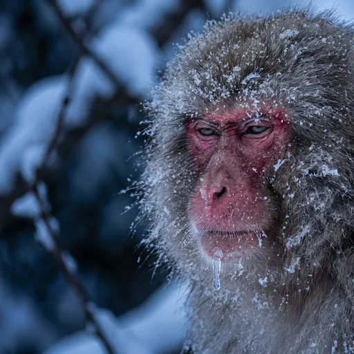 Frosty Snow Monkey With Grumpy Expression