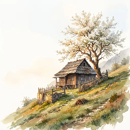 Watercolor Rustic Cottage Beneath Blooming Pear Tree