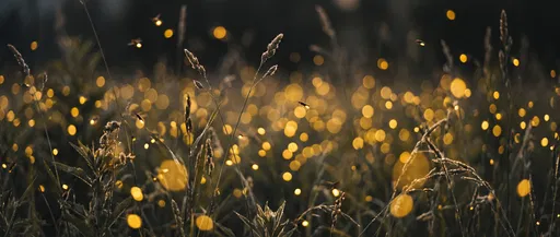 Glowing Fireflies in Nighttime Meadow Grass
