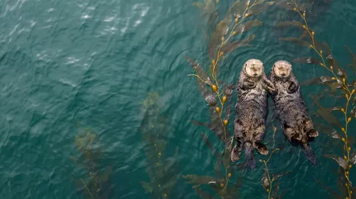 Two Sea Otters Holding Paws in Kelp