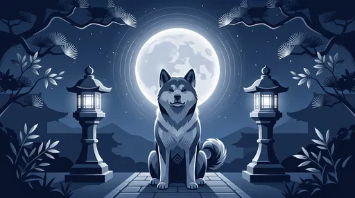 Akita Dog Under Full Moon Illustration