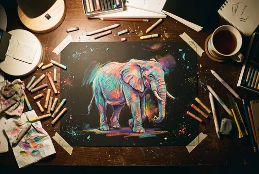 Vibrant Pastel Elephant Drawing on Desk