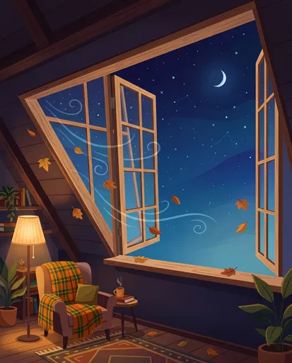 Cozy Attic Window on Autumn Night