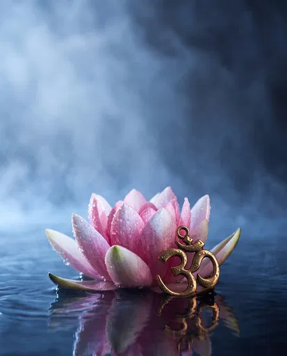 Pink Lotus and Brass Om on Water