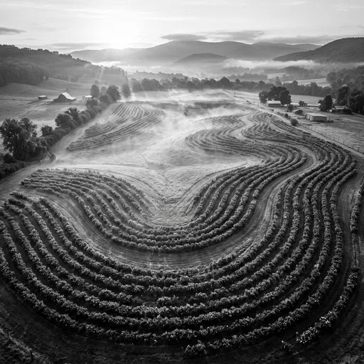 Monochrome Aerial View of Misty Valley Farm