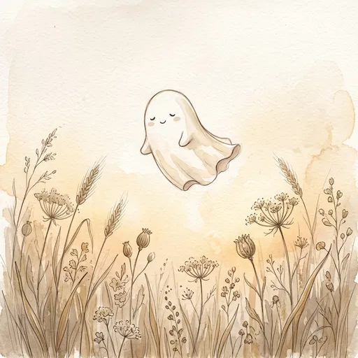 Cute Watercolor Ghost Above Dried Wildflowers