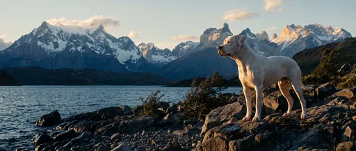 White Dogo Argentino on Rocky Mountain Lakeshore