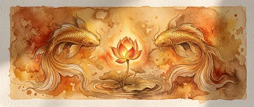 Watercolor Golden Fish Pair and Glowing Lotus