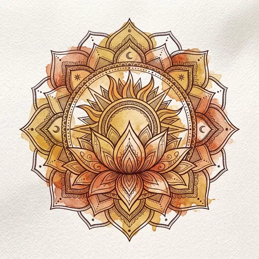 Watercolor Sun and Lotus Mandala Illustration