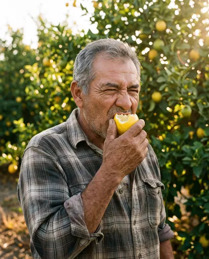 Older Man Biting Sour Lemon in Orchard