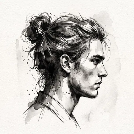 Monochrome Watercolor Profile of Man With Bun