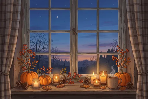 Cozy Autumn Windowsill at Twilight