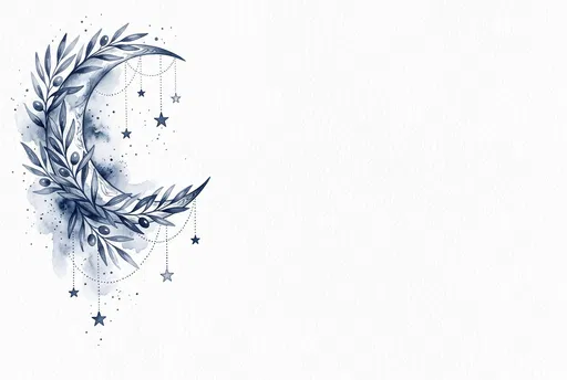 Indigo Watercolor Crescent Moon and Olive Branches