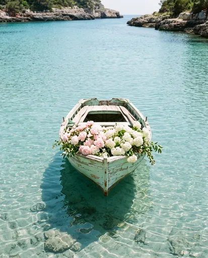 Vintage Rowboat with Flowers in Turquoise Cove