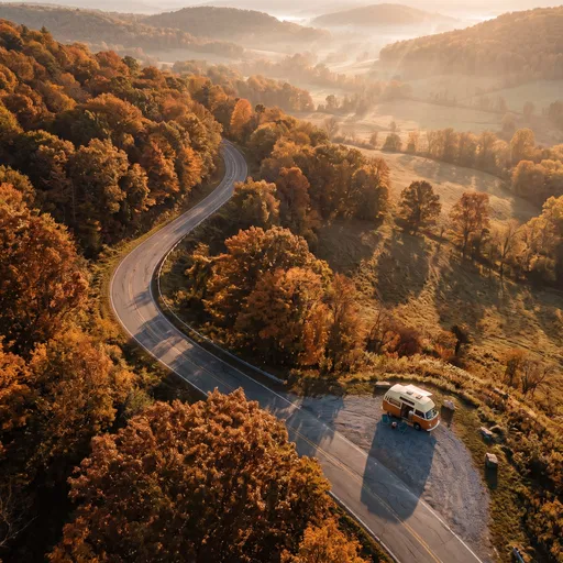 Aerial View of Camper on Autumn Road