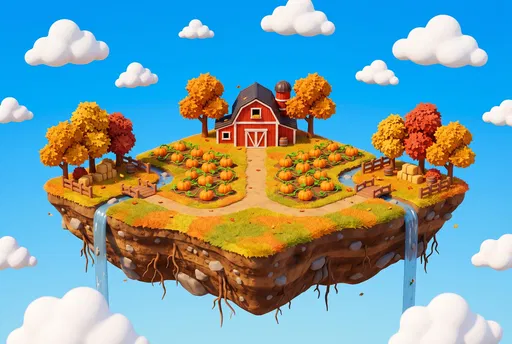 Floating 3D Autumn Farm Island