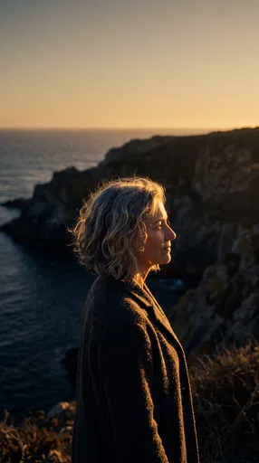Mature Woman by Coastal Cliffs at Sunset